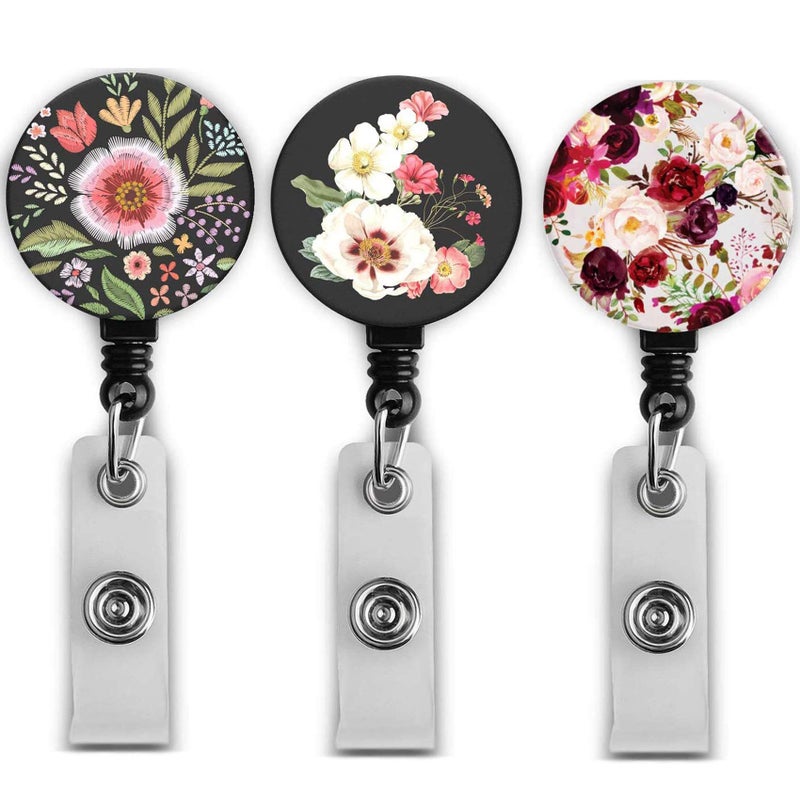Bosketo Badge Reel Retractable Badge Holder Carabiner with Alligator Clip On ID Card Holders (Amazing Floral 3pack) - Image 1